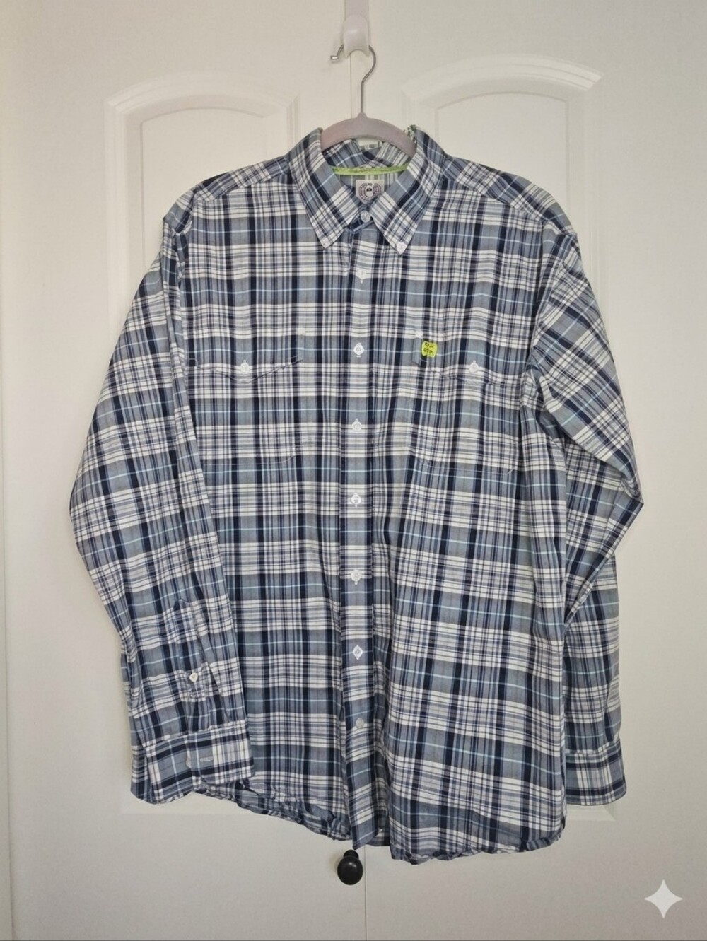 Cinch Long Sleeve Button Down Plaid Shirt Navy & White Lime Green Plaid SZ M